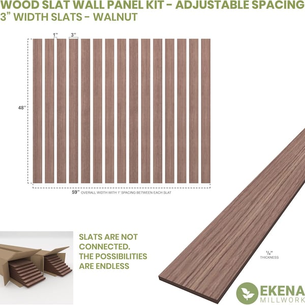 48H X 1/4T Adjustable Wood Slat Wall Panel Kit W/ 3W Slats, Walnut Contains 15 Slats